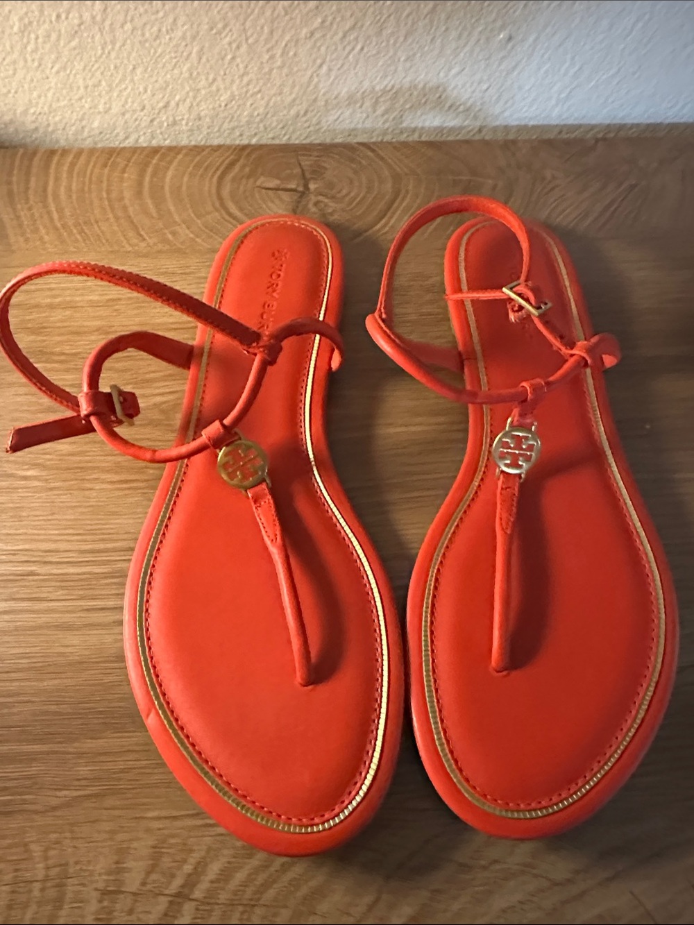Tory Burch Orange T-Strap Logo Leather Sandals